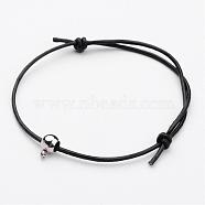 Cowhide Leather Cord Bracelets, with Stainless Steel Beads, Black, 59mm(2-5/16 inch)(BJEW-JB02521)