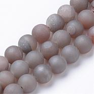 Electroplated Natural Druzy Geode Agate Bead Strands, Matte Style, Round, Gray Plated, 12~13mm, Hole: 1mm, about 32pcs/strand, 15.4 inch(G-R345-12mm-58)
