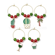 Summer Theme Alloy Enamel Wine Glass Charms, with Natural & Dyed Malaysia Jade Beads and Natural TaiWan Jade Beads, Mixed Shapes, Mixed Shapes, 46~55mm, Pendants: 15~25x10~15x1.5~2mm(AJEW-JO00249)