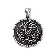 304 Stainless Steel Pendants, Flat Round with Valknut, Antique Silver, 36x32x3mm, Hole: 4x8mm(STAS-J039-10AS)