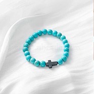 Round Synthetic Turquoise Beaded Stretch Bracelets, Cross Bracelets for Women Men(SA8738-2)