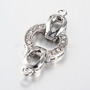 Brass Fold Over Clasps, with Alloy Rhinestone Findings, Platinum, 35x15.5x4mm, Hole: 2mm(X-ALRI-E116-01P)