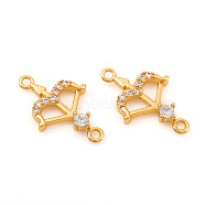 Brass Micro Pave Cubic Zirconia Links connectors, Bow & Arrow Shape, Clear, Real 18K Gold Plated, 16x10x2mm, Hole: 1.2mm(KK-I672-41G)