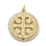 Brass Micro Pave Cubic Zirconia Pendants, with Jump Ring, Flat Round with Cross, Real 14K Gold Plated, 24x21.5x2.5mm, Hole: 3.2mm(KK-E091-08G)