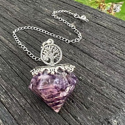 Resin Diamond Pointed Dowsing Pendulums, with Metal Tree of Life Finding and Natural Amethyst Chip inside, 290mm(PW-WG44391-04)
