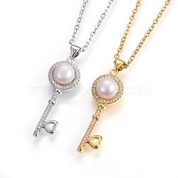 304 Stainless Steel Pendant Necklaces, with Cubic Zirconia and Plastic Imitation Pearl, Key, Mixed Color, 19.3 inch(49cm), Pendant: 34x11.5x7mm(NJEW-L150-21)