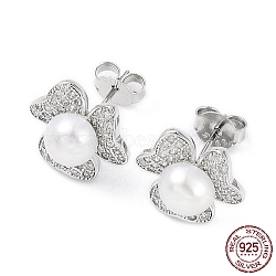 Cubic Zirconia Flower with Natural Pearl Stud Earrings, Rhodium Plated 925 Sterling Silver Earrings for Women, Platinum, 12x13mm(EJEW-F318-07P)