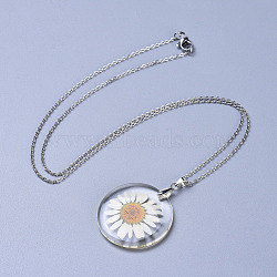 Alloy Resin Dried Flower Pendant Necklaces, with 304 Stainless Steel Cable Chains and Lobster Claw Clasps, Stainless Steel Color, Floral White, 21.3 inch(54cm)(NJEW-JN02390)