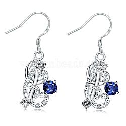 Unique Design Heart with Vine Brass Cubic Zirconia Dangle Earrings, Royal Blue, Silver, 38x13mm(EJEW-BB03614-01A)
