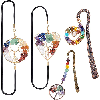 4Pcs 4 Style Chakra Gemstone Bead Dangling Bookmarks, with Elastic Band Bookmarks, 97~388mm, 1pc/style