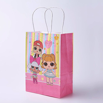 kraft Paper Bags, with Handles, Gift Bags, Shopping Bags, Rectangle, Girl Pattern, Pink, 21x15x8cm
