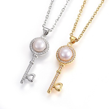 304 Stainless Steel Pendant Necklaces, with Cubic Zirconia and Plastic Imitation Pearl, Key, Mixed Color, 19.3 inch(49cm), Pendant: 34x11.5x7mm