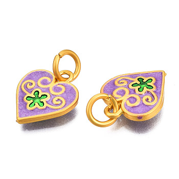 Alloy Enamel Charms, with Jump Rings, Matte Gold Color, Cadmium Free & Lead Free, Heart with Flower, Dark Orchid, 14.5x12x2.5mm, Jump Ring: 6x1mm, 4mm inner diameter