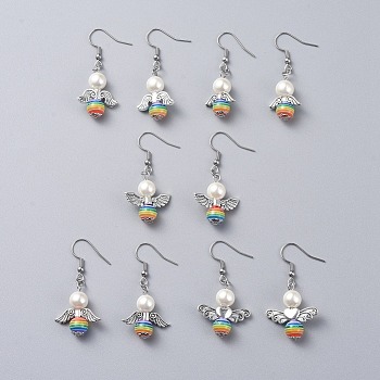 Angel Dangle Earrings, with Glass Pearl, Tibetan Style Alloy Findings, Stripe Resin Beads and 316 Surgical Stainless Steel Earring Hooks, Mixed Color, 45~48mm, pin: 0.7mm