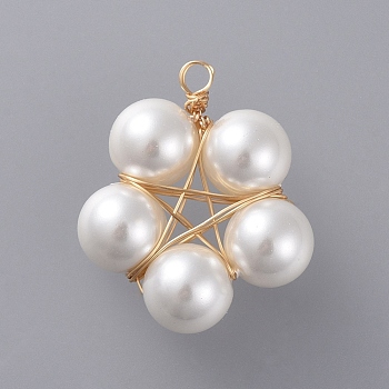 Shell Pearl Pendants, with Golden Plated Copper Wire, Flower, White, 24x22x8mm, Hole: 2.3mm