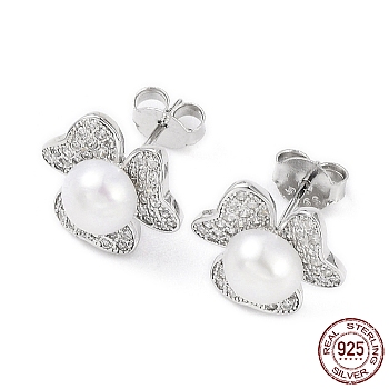 Cubic Zirconia Flower with Natural Pearl Stud Earrings, Rhodium Plated 925 Sterling Silver Earrings for Women, Platinum, 12x13mm