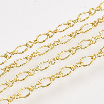 Brass Figaro Chains, Figure 8 Chain, with Spool, Soldered, Golden, 4x3.7x0.4mm and 3.5x2x0.4mm, about 100yard/roll