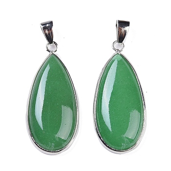 Natural Green Aventurine Pendants, Teardrop Charms, with Brass Findings, Platinum, 38x18x6.5mm, Hole: 7.5x4.5mm