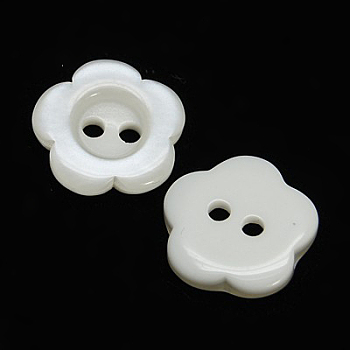 Resin Buttons, Dyed, Flower, White, 12x2.5mm, Hole: 1mm