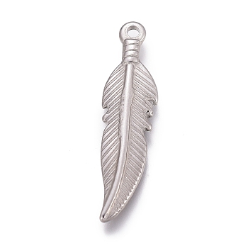 304 Stainless Steel Pendants, Feather, Stainless Steel Color, 26x7x2mm, Hole: 1.4mm