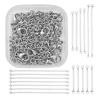 10 Strands 5 Style 304 Stainless Steel Chain Extender, with Curb Chains and Lobster Claw Clasps, Stainless Steel Color, 50~150x6.5mm, Ring: 4x3x0.6mm, Clasp: 10.5x6.5x3.5mm, 2 strands/style