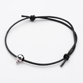 Cowhide Leather Cord Bracelets, with Stainless Steel Beads, Black, 59mm(2-5/16 inch)