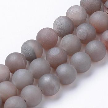 Electroplated Natural Druzy Geode Agate Bead Strands, Matte Style, Round, Gray Plated, 12~13mm, Hole: 1mm, about 32pcs/strand, 15.4 inch