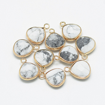 Natural Howlite Pendants, with Nickel Free Brass Findings, Faceted, Teardrop, Golden, Creamy White, 17.5x13.5x6.5mm, Hole: 2mm