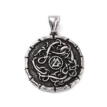 304 Stainless Steel Pendants, Flat Round with Valknut, Antique Silver, 36x32x3mm, Hole: 4x8mm