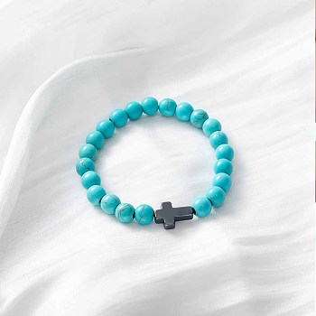 Round Synthetic Turquoise Beaded Stretch Bracelets, Cross Bracelets for Women Men