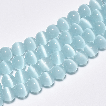 Cat Eye Beads Strands, Round, Light Blue, 10mm, Hole: 1.5mm, about 40pcs/strand, 15.5 inch