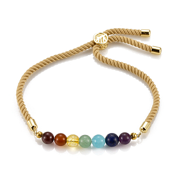 Chakra Jewelry, Adjustable Nylon Cord Slider Bracelets, Bolo Bracelets, with Natural & Synthetic Gemstone Beads and Brass Findings, Golden, Light Khaki, Inner Diameter: 2-5/8 inch(6.7cm), Slider Bead: 8x5.5mm