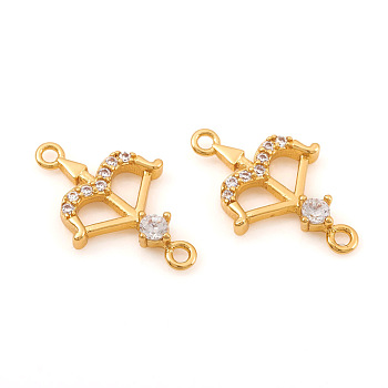 Brass Micro Pave Cubic Zirconia Links connectors, Bow & Arrow Shape, Clear, Real 18K Gold Plated, 16x10x2mm, Hole: 1.2mm