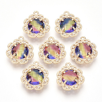 Brass Pendants, with Faceted Glass and Clear Rhinestone, Flower, Golden, Colorful, 18x16.5x6mm, Hole: 1.2mm