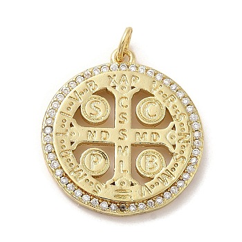 Brass Micro Pave Cubic Zirconia Pendants, with Jump Ring, Flat Round with Cross, Real 14K Gold Plated, 24x21.5x2.5mm, Hole: 3.2mm