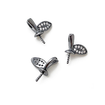 Brass Micro Pave Clear Cubic Zirconia Leaf Peg Bails Pin Charms, for Baroque Pearl Making, Gunmetal, 8x10mm