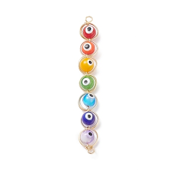 7 Chakra Evil Eye Handmade Lampwork Round Bead Connector Charms, Golden Plated Copper Wire Wrapped Links, Colorful, 84x10~11x8mm, Hole: 3mm