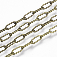 Brass Paperclip Chains, Flat Oval, Drawn Elongated Cable Chains, Soldered, with Spool, Cadmium Free & Nickel Free & Lead Free, Antique Bronze, 9x3.5x0.7mm, about 301.83 Feet(92m)/roll(CHC-S008-001A-AB)