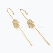 Brass Micro Pave Clear Cubic Zirconia Ear Wrap Crawler Hook Earrings, Hamsa Hand/Hand of Miriam, Real 18K Gold Plated, 57x9mm, Pin: 1mm(EJEW-J101-15G)