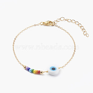 Evil Eye Lampwork Beaded Bracelets, with Round Glass Seed Beads and Brass Cable Chains, Golden, White, 7-1/4 inch(18.5cm)(BJEW-JB06159-03)