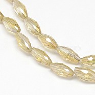 Electroplate Crystal Glass Rice Beads Strands, Faceted, Rainbow Color Plated, Champagne Yellow, 4x9mm, Hole: 1mm, about 58pcs/strand, 20.4 inch(EGLA-F042-A08)