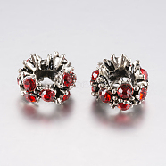 Tibetan Style Alloy Rhinestone European Beads, Large Hole Beads, Flower, Antique Silver, Red, 12x8mm, Hole: 5mm(PALLOY-F200-04A)