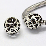 Alloy European Beads, Tibetan Style, Large Hole Beads, Rondelle with Heart, Hollow, Antique Silver, 11x11mm, Hole: 5mm(X-PALLOY-Q313-45)