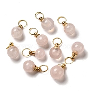 Natural Rose Quartz Openable Perfume Bottle Pendants, with Golden Tone Brass Findings, Round Charm, 31~36mm, Pendant: 21.5~26x8.5~18mm(G-A026-02B)