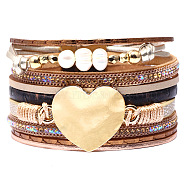 PU Leather Multi-strand Bracelets, with Natural Pearl Beads, Alloy Findings and Rhinestone, Heart, Golden, Sienna, 7-1/2 inches(19cm)(BJEW-F352-08G-04)