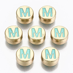 Alloy Enamel Beads, Cadmium Free & Lead Free, Flat Round with Initial Letters, Light Gold, Pale Turquoise, Letter.M, 8x4mm, Hole: 1.5mm(X-ENAM-S122-029M-RS)
