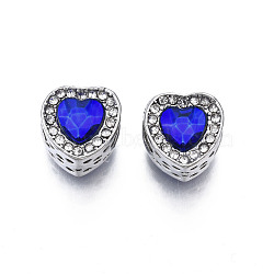 Rack Plating Alloy European Beads, with Resin and Crystal Rhinestone, Large Hole Beads, Cadmium Free & Lead Free, Heart, Platinum, Medium Blue, 11.5x12x10.5mm, Hole: 5mm(MPDL-N039-197)