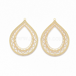 304 Stainless Steel Filigree Pendants, Textured, teardrop, with Lace, Golden, 46x33.5x0.5mm, Hole: 1.5mm(X-STAS-S079-106)