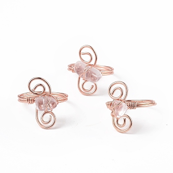 Natural Quartz Crystal Chips with Vortex Finger Ring, Rose Gold Brass Wire Wrap Jewelry for Women, Inner Diameter: 18mm