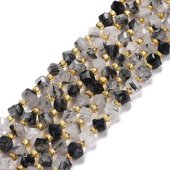 Natural Tourmalinated Quartz Beads Strands, with Seed Beads, Faceted, Diagonal Cube Beads, 5~6x5~6x4~5mm, Hole: 1mm, about 49~55pcs/strand, 15.35''~15.75''(39~40cm)